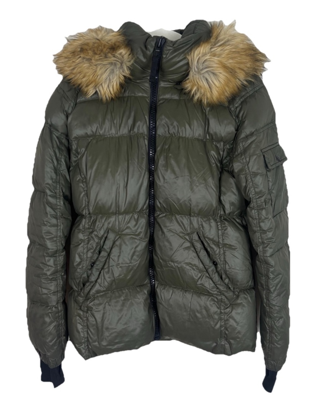 S13 New York Kylie Green Duck Down Puffer Jacket Womens Size Large Faux Fur Hood